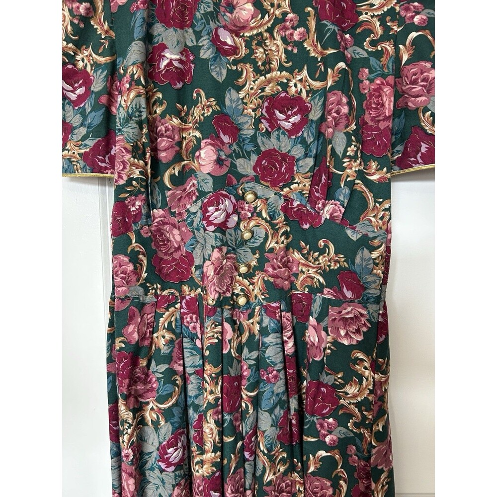 Vintage Romantic Floral Midi Dress Size 6 Green Roses Pearl Buttons 80s Bold - Picture 3 of 14